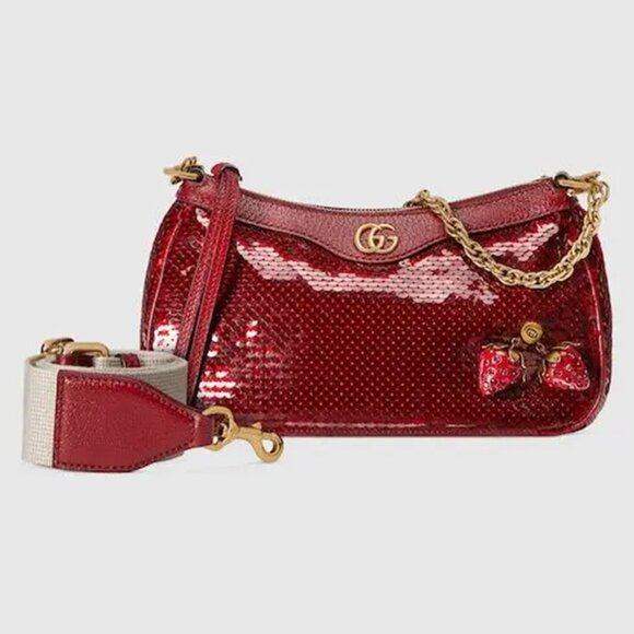 NWT GUCCI GG Ophidia Raso Seta Pail Sequin Strawberry TwoWay Shoulder Bag 735132 - Picture 1 of 14
